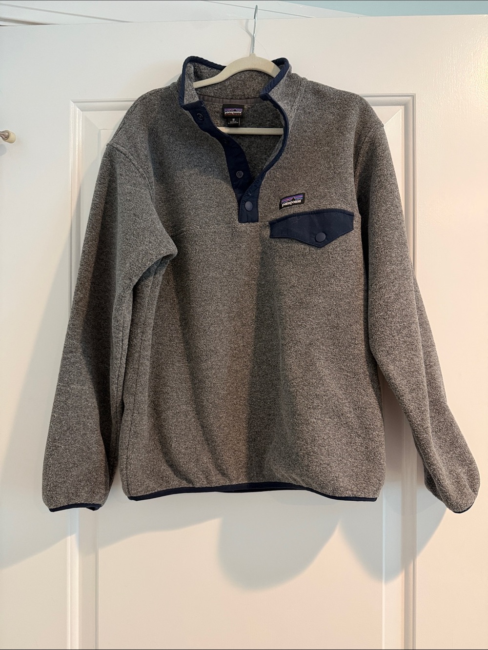 Kids Patagonia Grey Fleece Pullover with Navy Accents